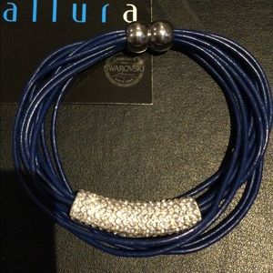Navy Leather Bracelet with Swarovski Crystals